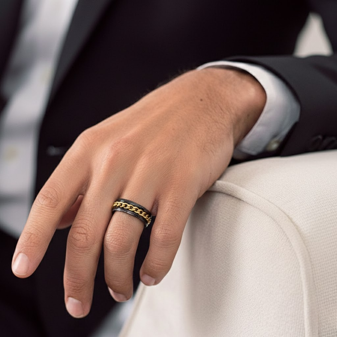 Masculine Chain Inlay Silver Titanium Ring