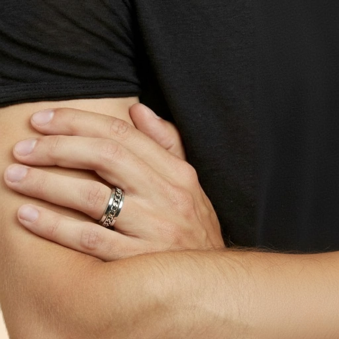 Masculine Chain Inlay Gold Black Titanium Ring