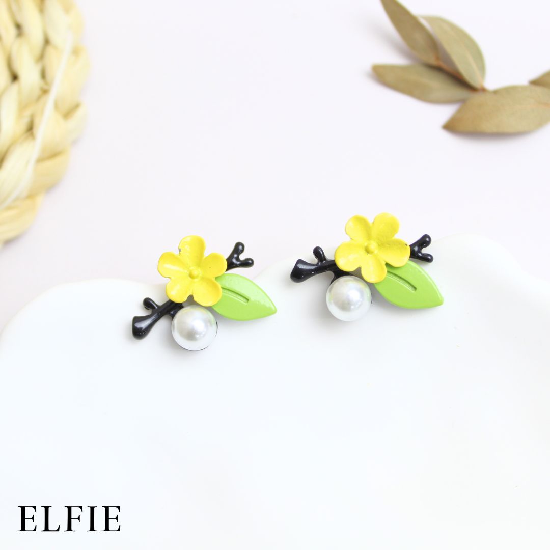 Yellow Floral With Pearl Stud Earring