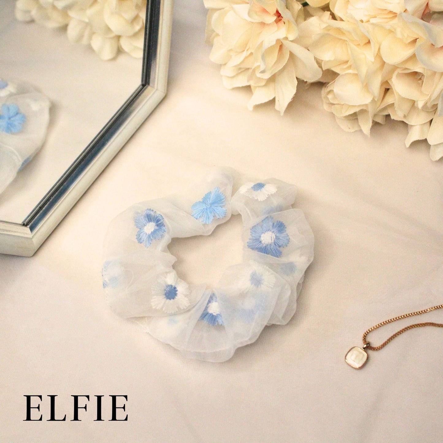 Embroidery Flower Organza Scrunchie