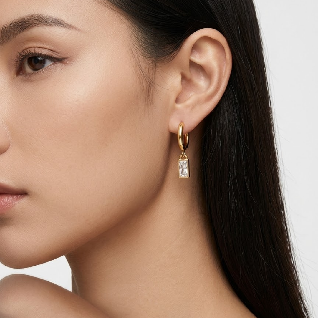 Baguette Drop Huggie Hoop Titanium Earring