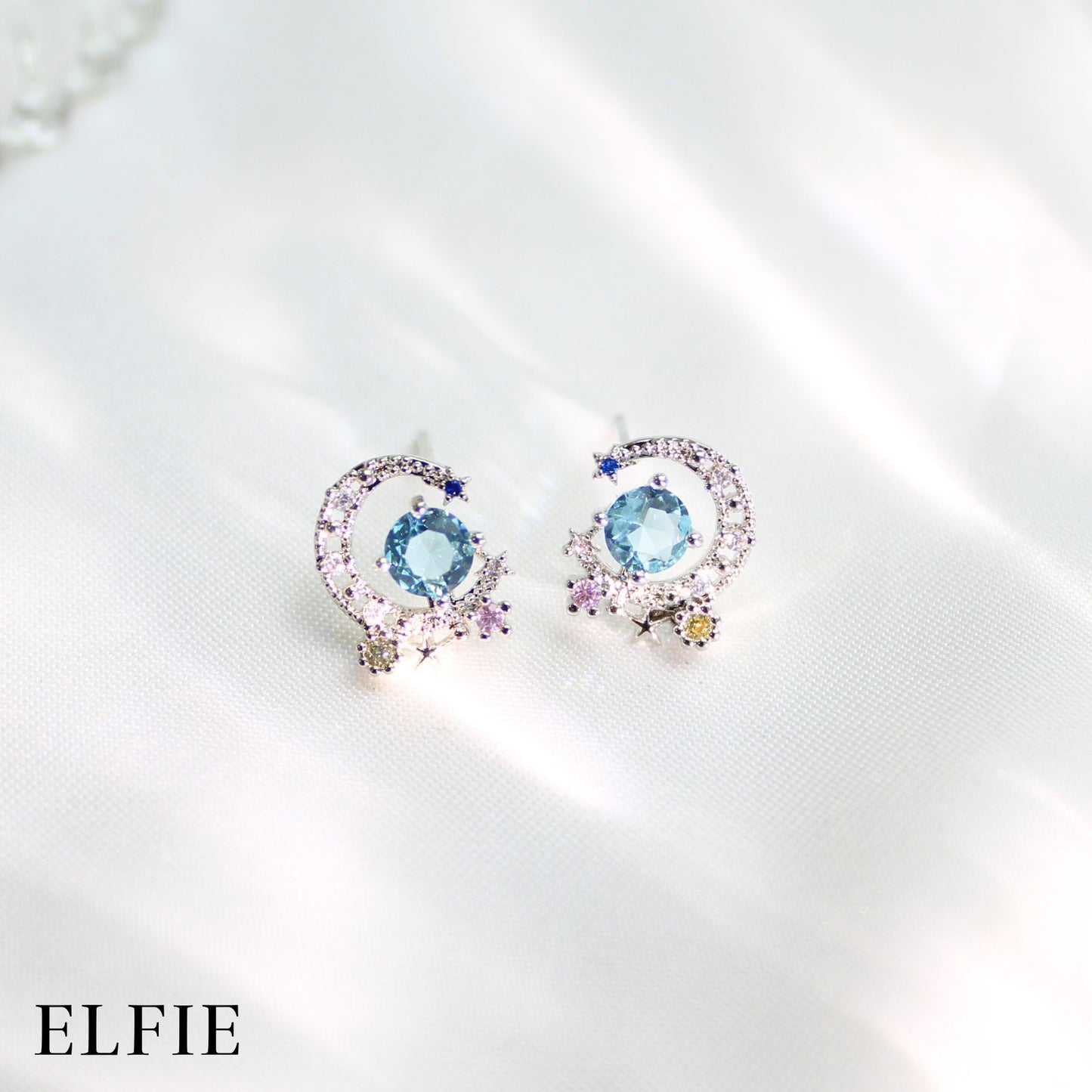 Blue Diamond Moon Stud Earring