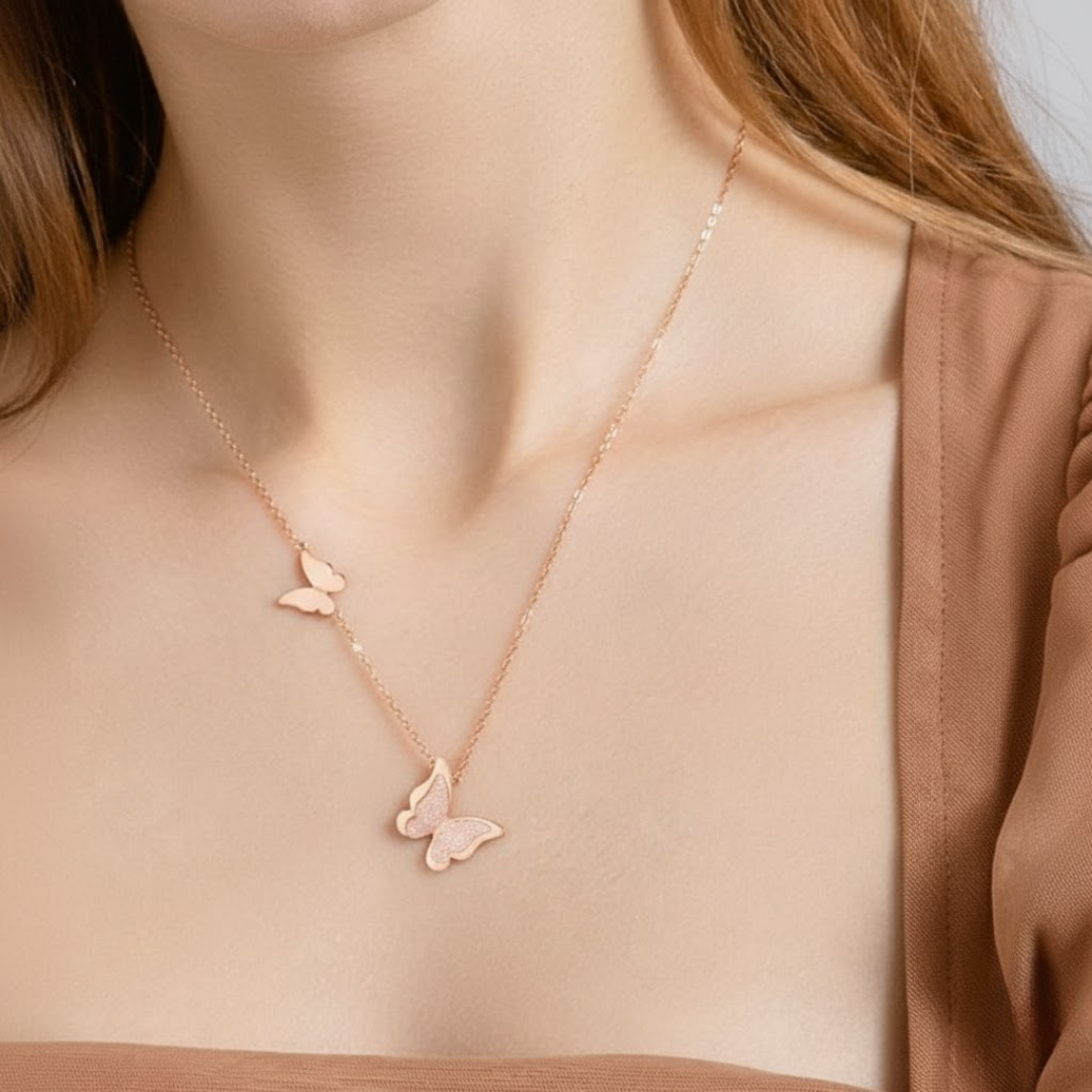 Double Butterfly Rose Gold Titanium Necklace