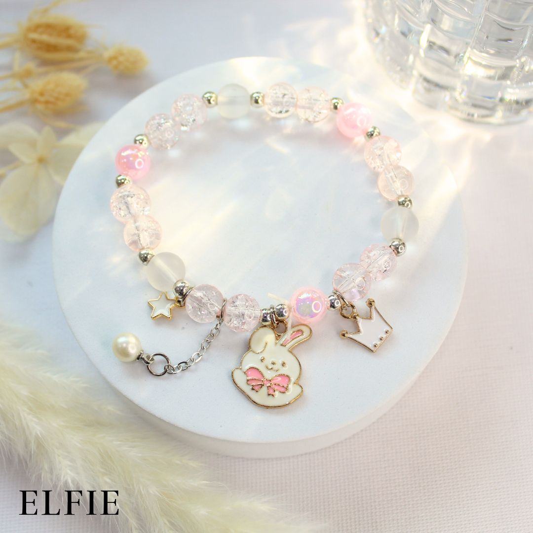 Crystal Pink Pearl Cute Rabbit Crown Glass Bracelet
