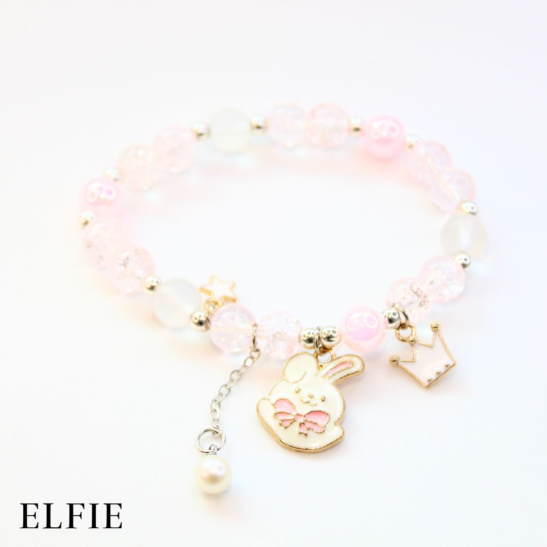 Crystal Pink Pearl Cute Rabbit Crown Glass Bracelet