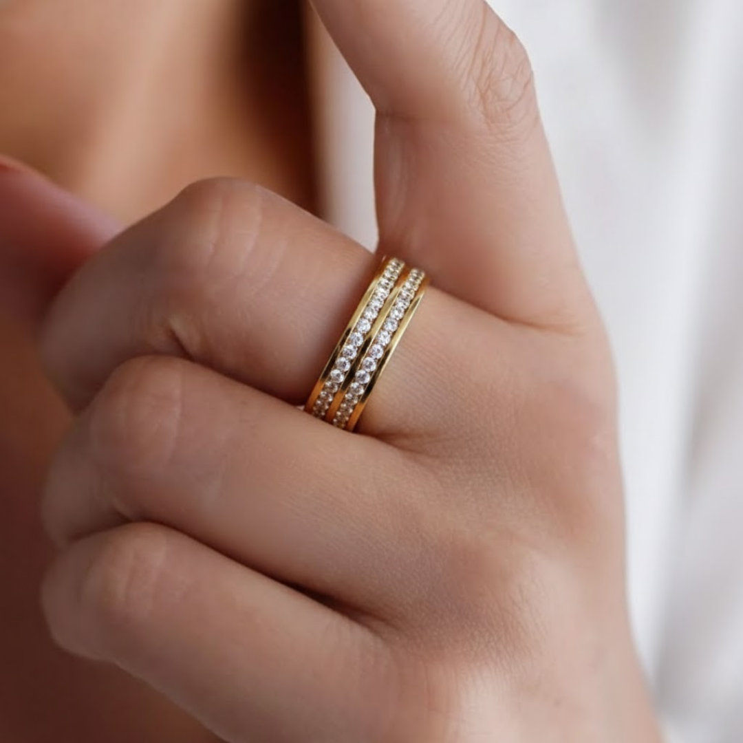 Double Diamond Rose Gold Strip Titanium Ring