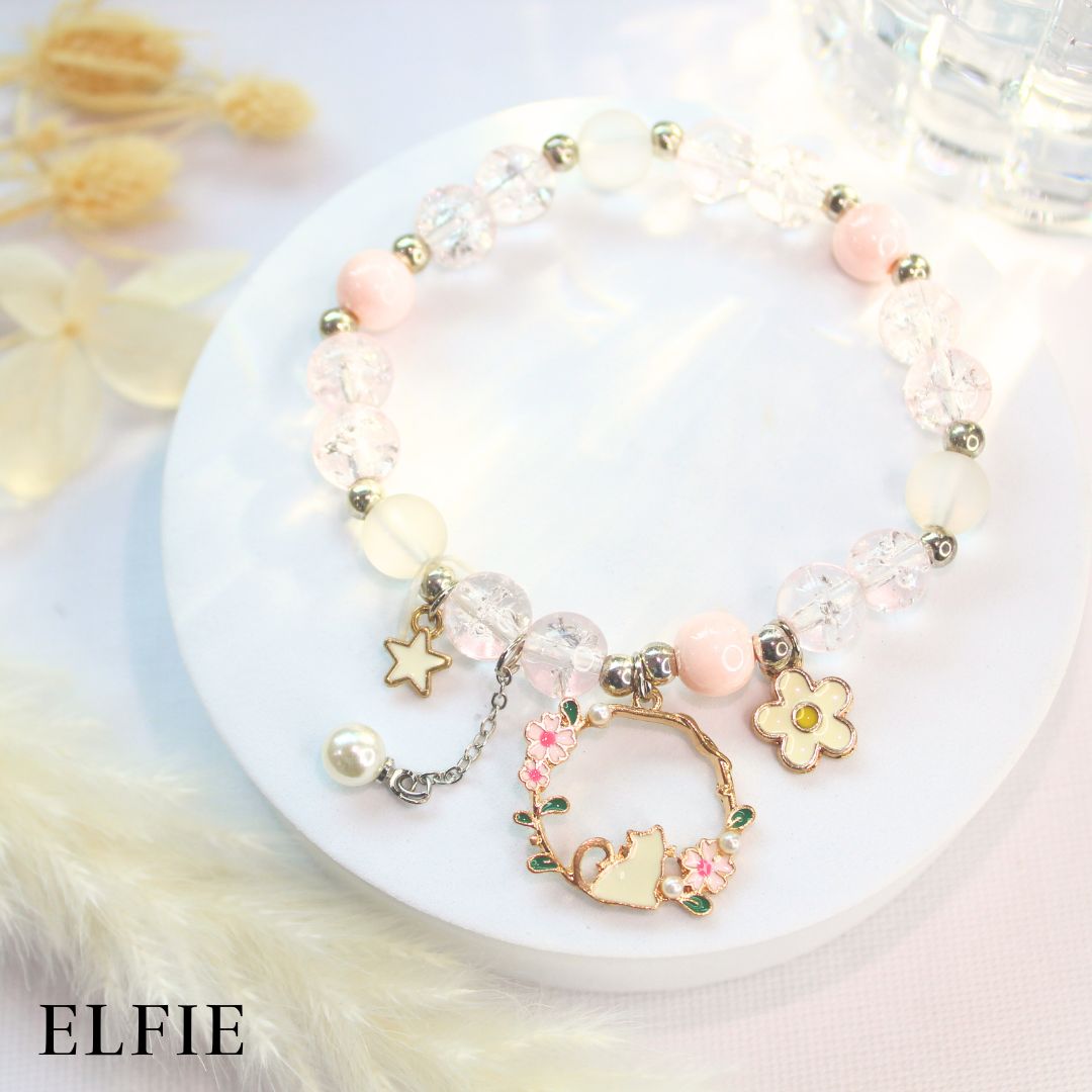 Floral Kitty Crystal Clear Pink Glass Bracelet