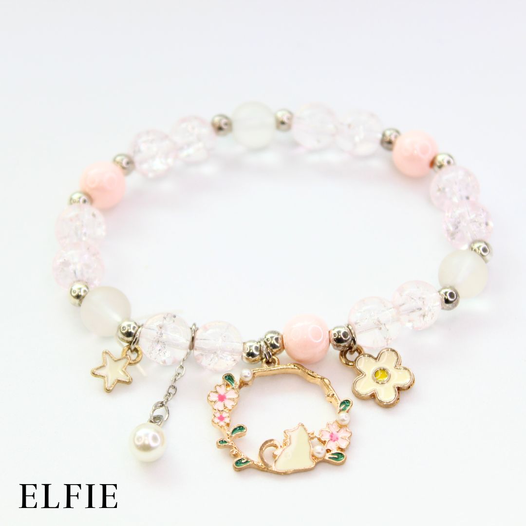 Floral Kitty Crystal Clear Pink Glass Bracelet