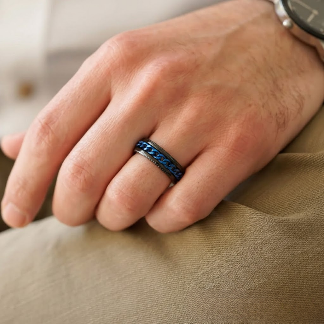 Masculine Chain Inlay Blue Black Titanium Ring