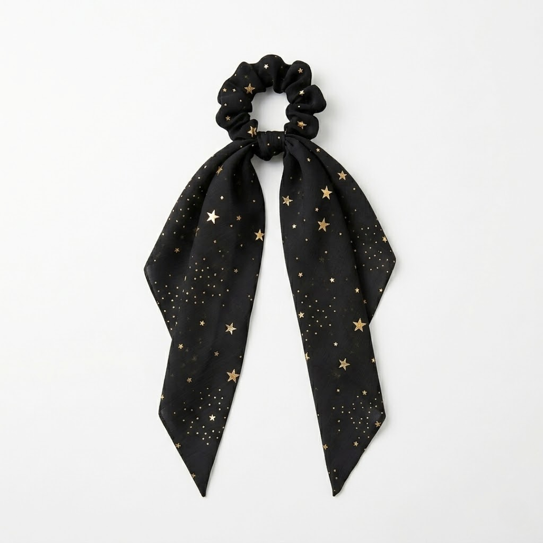 Metallic Star White Gold Ribbon Long Scrunchie Hair Accessories