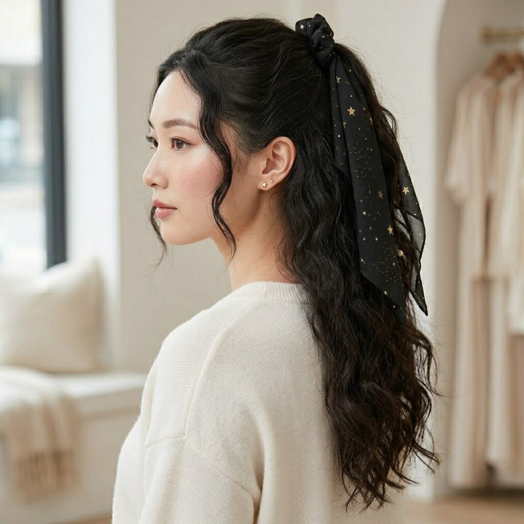 Metallic Star Black Gold Ribbon Long Scrunchie Hair Accessories