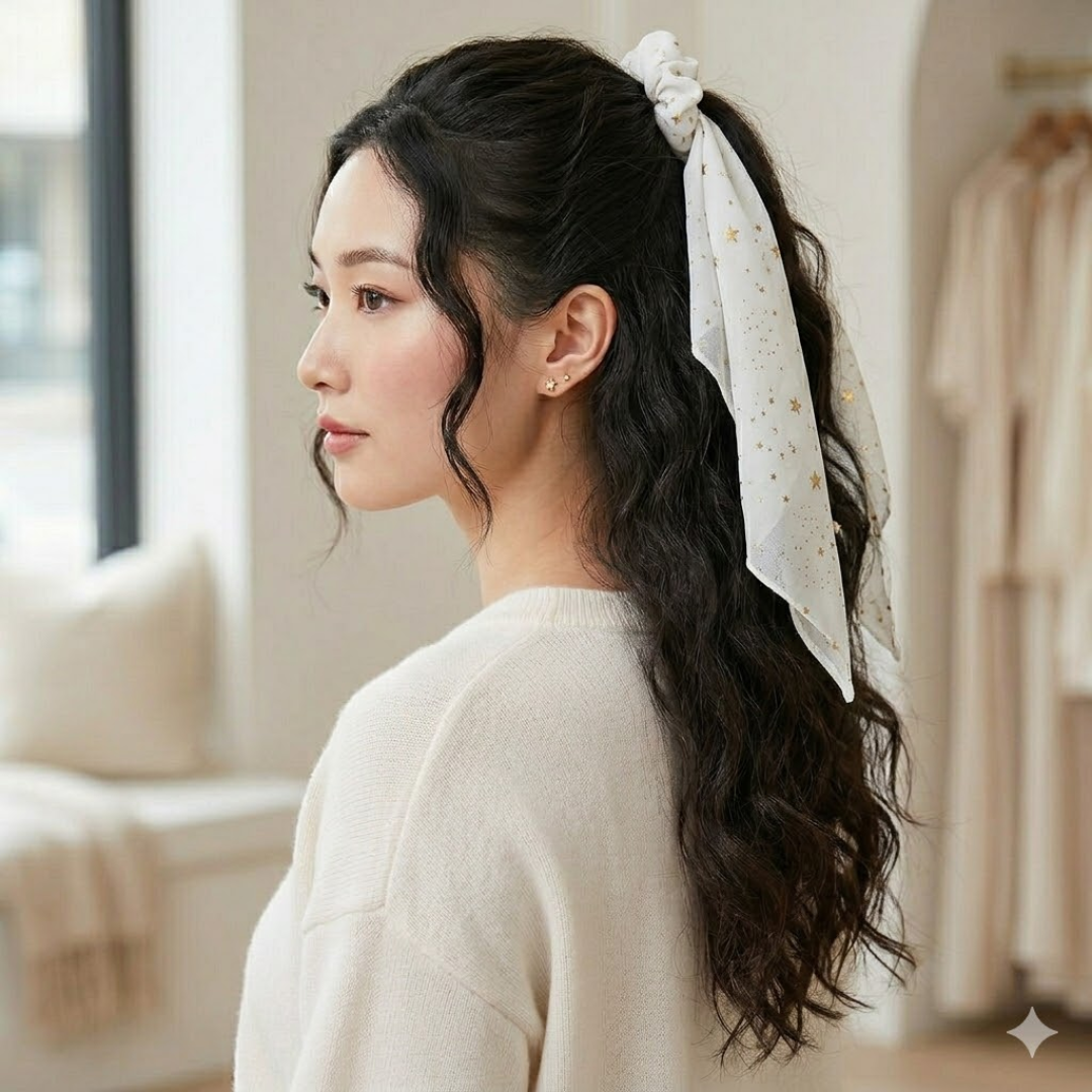 Metallic Star White Gold Ribbon Long Scrunchie Hair Accessories