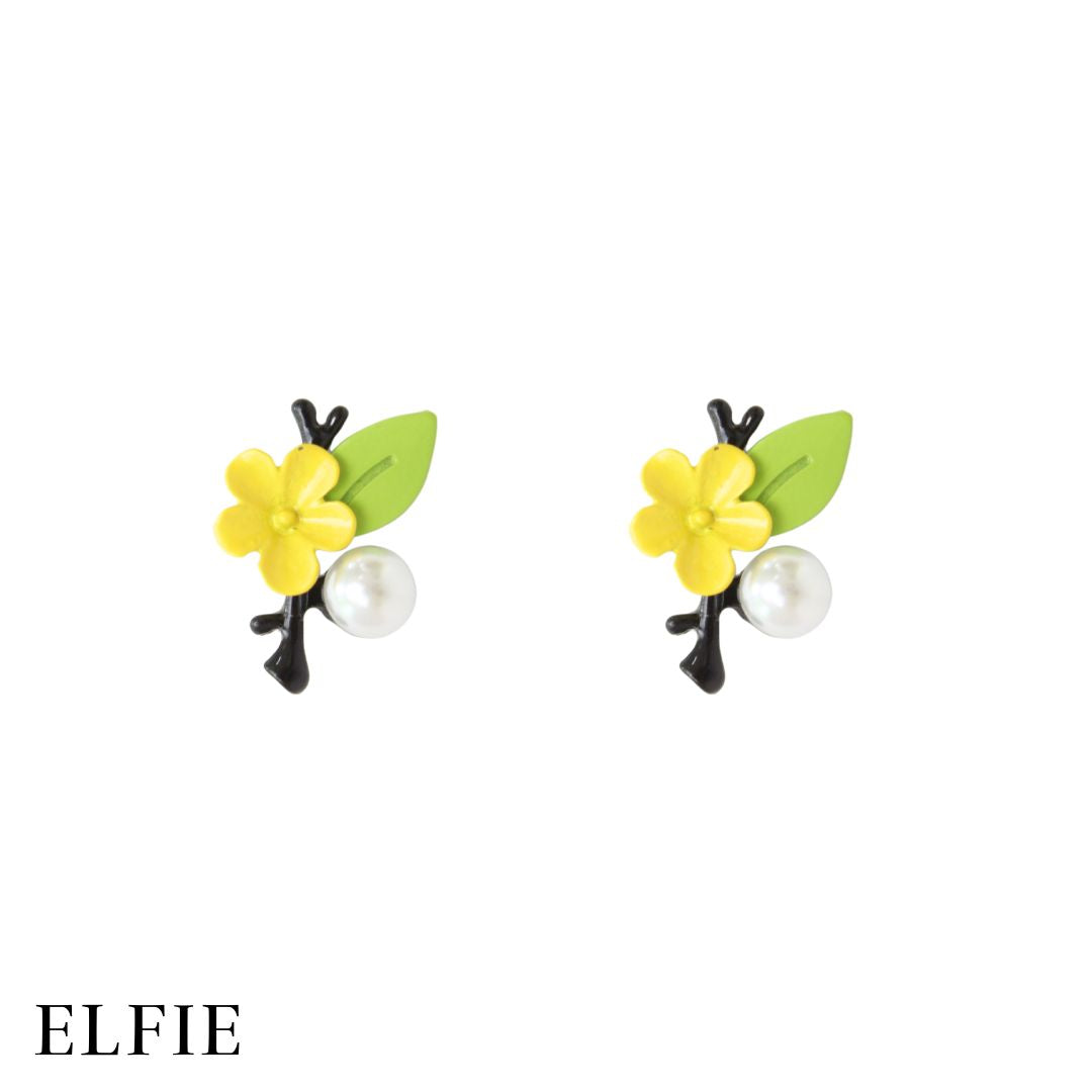 Yellow Floral With Pearl Stud Earring