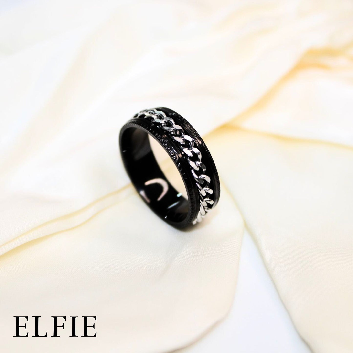 Masculine Black Silver Chain Titanium Ring