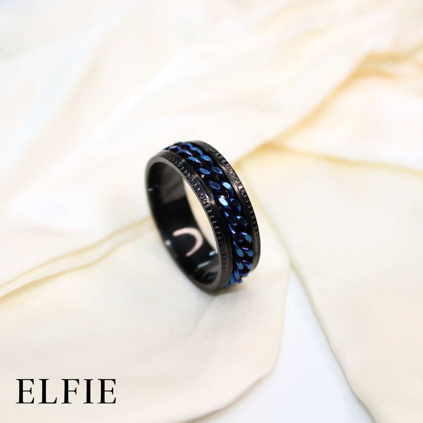 Masculine Black Silver Chain Titanium Ring