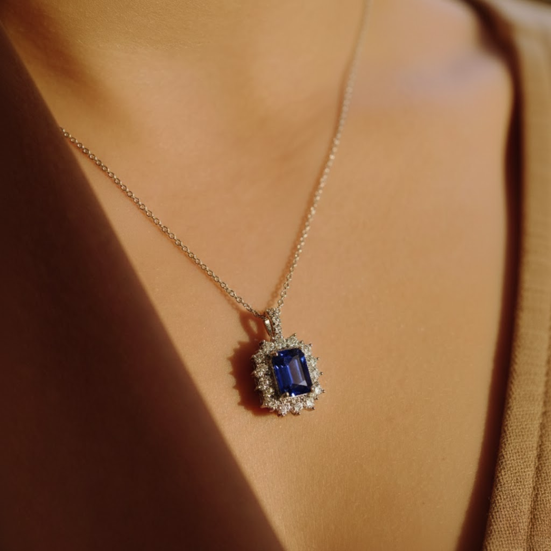 Royal Azure Blue Diamond Silver Titanium Necklace