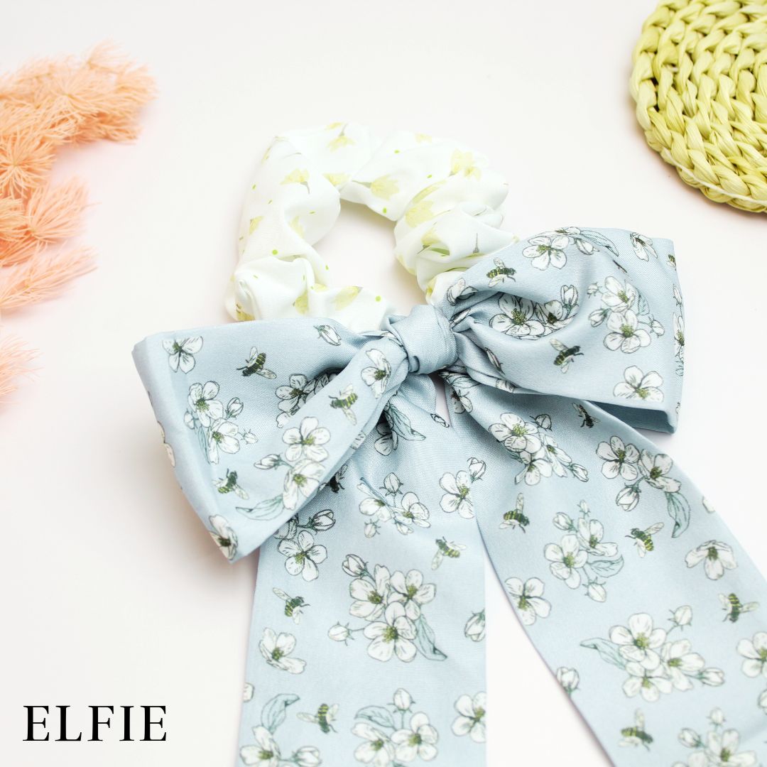 Blue Floral Satin Scarf Hair Tie