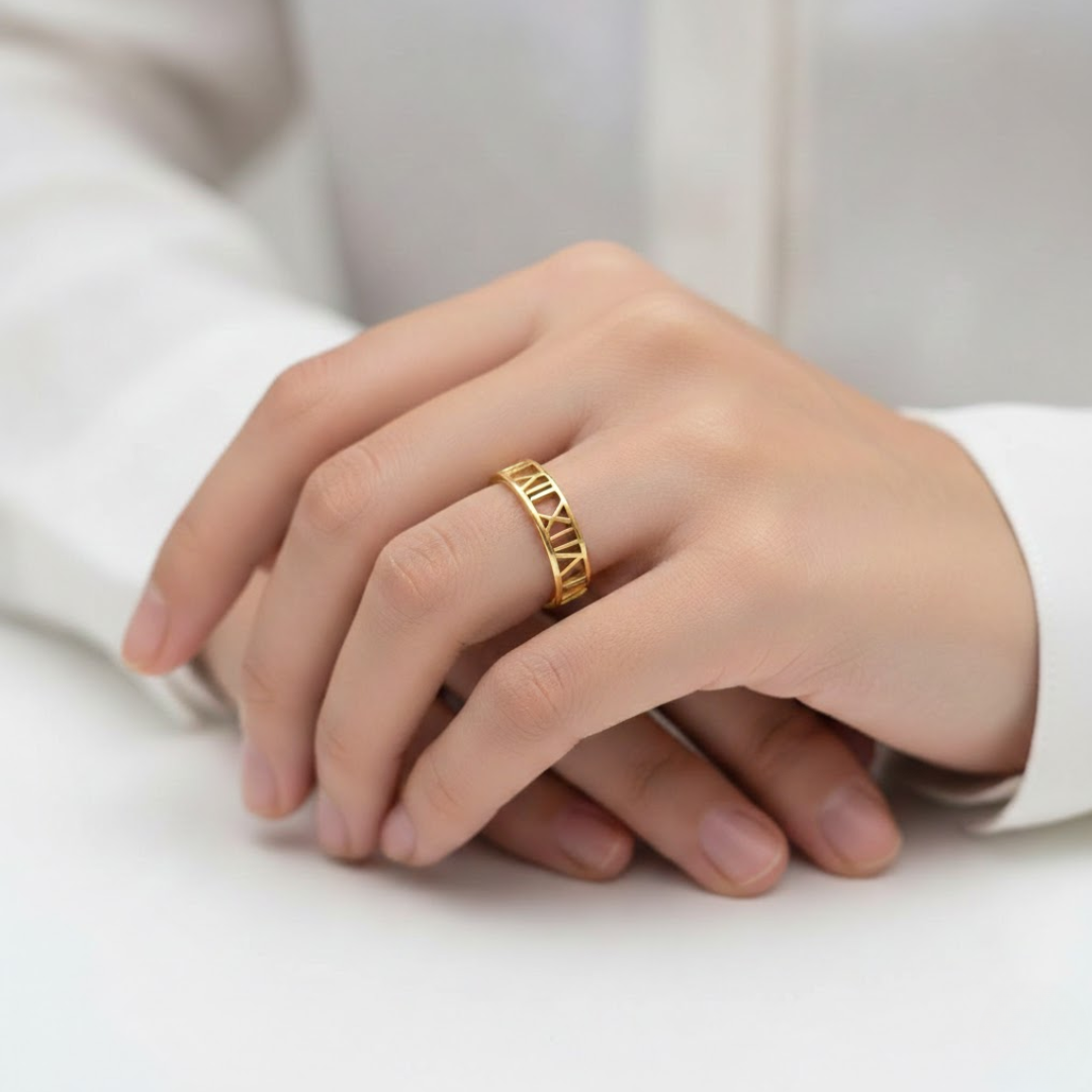 Roman Clock Gold Titanium Ring