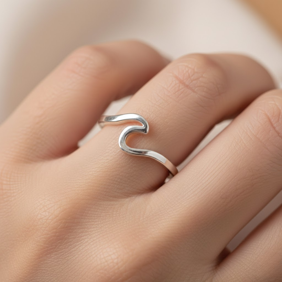 Silver Sea Wave Design Titanium Ring