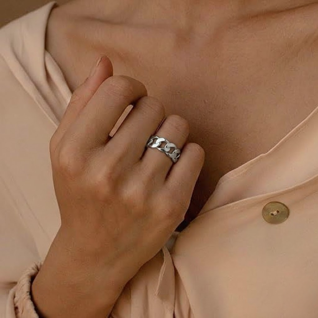 Masculine Atlas Chain Silver Design Titanium Ring